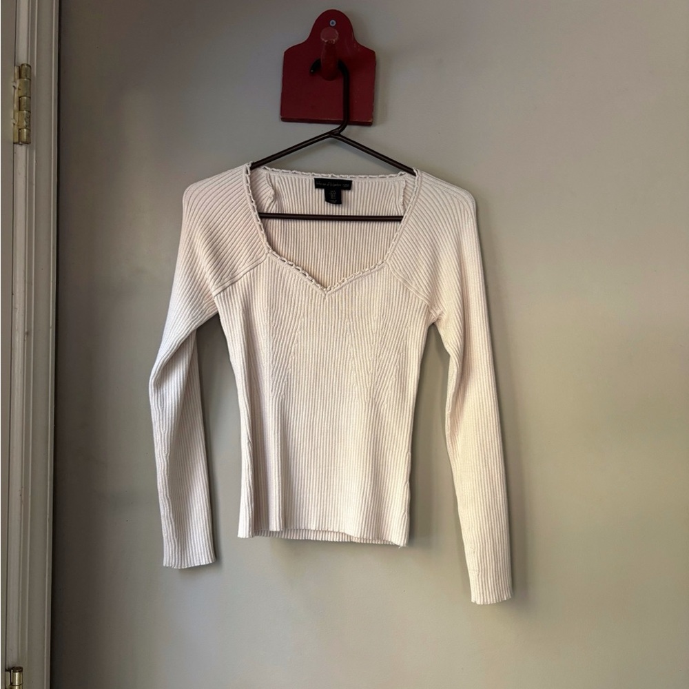House of Harlow 1960 Cream Ribbed Sweetheart Neck Long Sleeve Top S